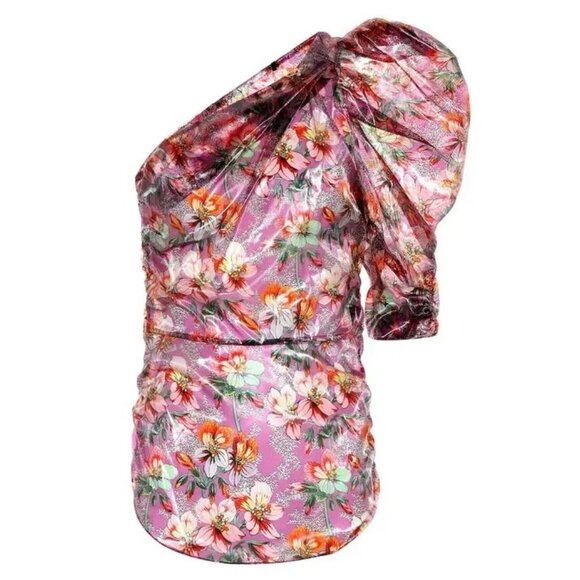 Isabel Marant Omi One Shoulder Top in Pink Floral Metallic - Picture 1 of 7
